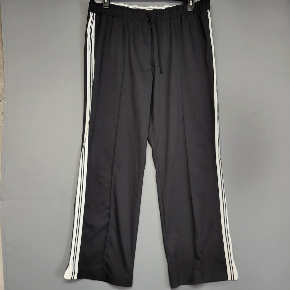 Black Track Pants Mens XL Three Stripe‎ Polyester Athletic Drawstring Loose Fit
